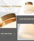 Modern Brushed Gold Semi Flush Drum Ceiling Light Fixture With Milk Glass Shade, cool retro vibe brass frame detail