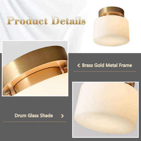 Modern Brushed Gold Semi Flush Drum Ceiling Light Fixture With Milk Glass Shade, cool retro vibe brass frame detail