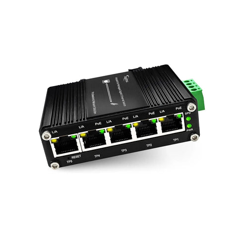 Five Port PoE Gigabit Ethernet Switch with Web Management, DIN Rail Mount, Compact Managed Network Switch front view