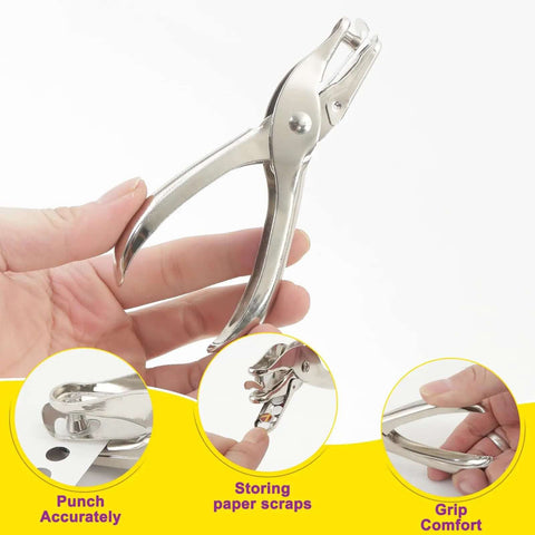 Handheld One Quarter Inch Single Hole Paper Punch With Built In Mess Free Waste Tray Eight Sheet Capacity