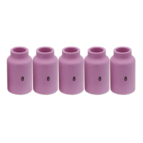 TIG Aluminum Ceramic Shield Cup Nozzles 54N14 Size 8 Half Inch, five pink nozzle cups in a row