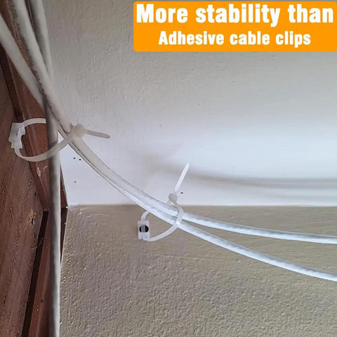 120 Pack White Cable Zip Tie Mounts Kit With 120 Nylon Zip Ties attached to wires on wall for neat cable management