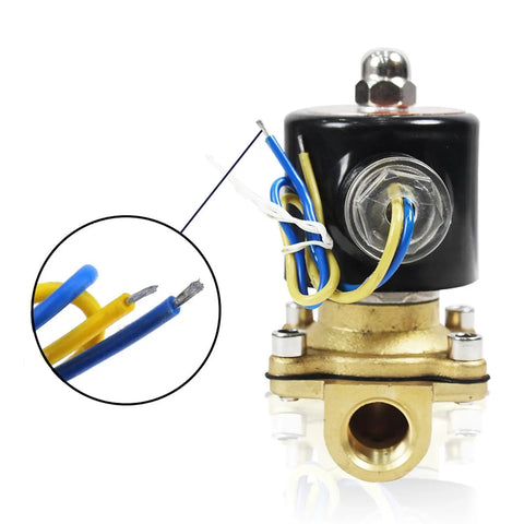 Three Quarters Inch Brass Electric Solenoid Valve 110V AC Normally Closed NPT Thread Easy Install close-up view with wires