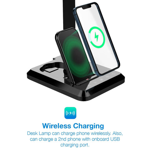 LED Desk Lamp With Wireless Charger And USB Port, showing two phones charging wirelessly on a black finish base