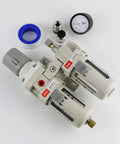 3/8 NPT Air Filter Regulator Lubricator Combo Piggyback Unit with poly bowl, gauge, and fittings for clean dry air extraction.