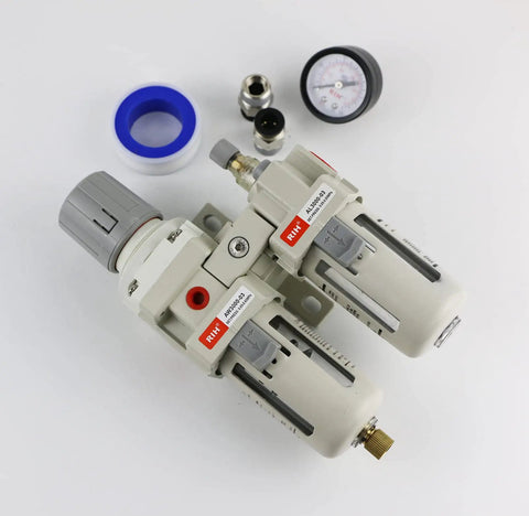3/8 NPT Air Filter Regulator Lubricator Combo Piggyback Unit with poly bowl, gauge, and fittings for clean dry air extraction.