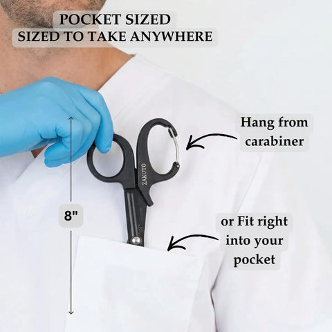 Two Pack 8 Inch Trauma Shears With Carabiner Clip For EMS Crews, Nurses, And First Responders, hanging in white coat pocket