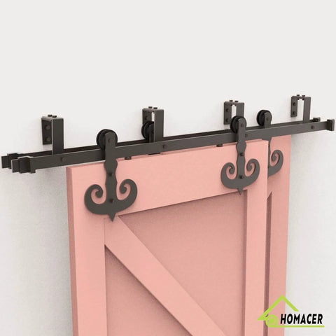 Rustic Black Double Track U Shape Bypass Sliding Barn Door Hardware Kit For Two Doors Four Feet Long Flat Track With Slick Mustache Roller Design