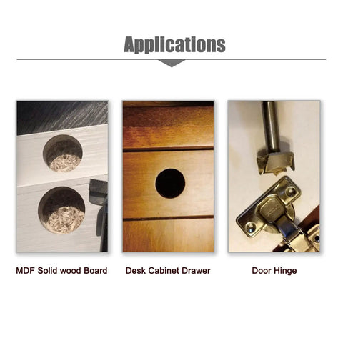 Pro Grade Carbide Tipped Forstner Drill Bits Set With 16mm And 17mm Hole Saw Blades For No Sweat Woodworking applications on MDF and cabinet drawers.