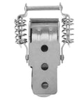 Close-up of stainless steel spring toggle latch with dual spring design for suitcases, toolboxes, heavy duty drawer locks