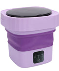 Hassle Free Mini Folding Washing Machine With Quick Ten Or Fifteen Minute Cycles And Hidden Carry Grip perfect for dorm rooms, featuring purple design.
