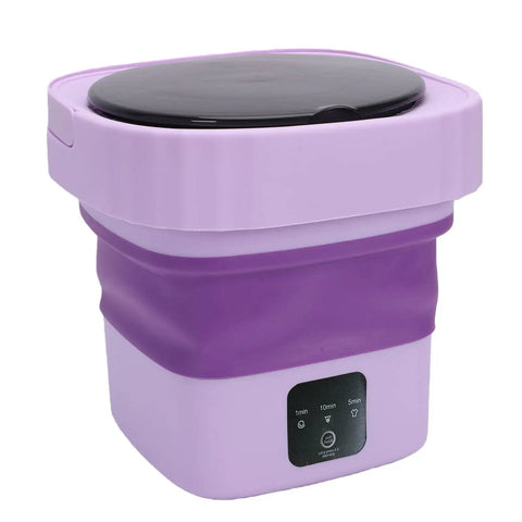 Hassle Free Mini Folding Washing Machine With Quick Ten Or Fifteen Minute Cycles And Hidden Carry Grip perfect for dorm rooms, featuring purple design.