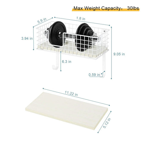 Diagram of wall mounted ironing board holder with storage shelf and removable hooks, white finish, showing dimensions.