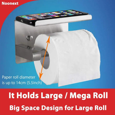 Adhesive Toilet Paper Holder With Shelf In SUS304 Stainless Steel Mega Roll Dispenser No Drill Needed Or Wall Mounted With Screws Easy 3M Adhesive Pad Install Rust Resistant Bathroom Organizer
