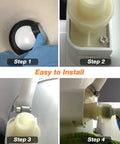 Front view of ivory RV toilet valve housing with black flush seal ring.
Side view of beige toilet valve housing with inlet port.
Close-up of beige valve neck showing hose connector and metal clamp.
Installed RV toilet valve with blue hose connected and clamps secured.