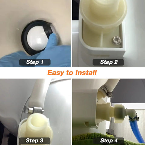 Front view of ivory RV toilet valve housing with black flush seal ring.
Side view of beige toilet valve housing with inlet port.
Close-up of beige valve neck showing hose connector and metal clamp.
Installed RV toilet valve with blue hose connected and clamps secured.