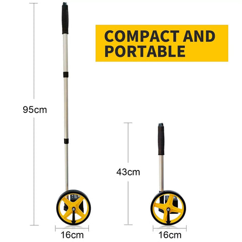 Measuring Wheel For Meters With Carrying Bag Telescopic Design And Reset Button Plus Starting Point Arrow shown in extended and compact form.