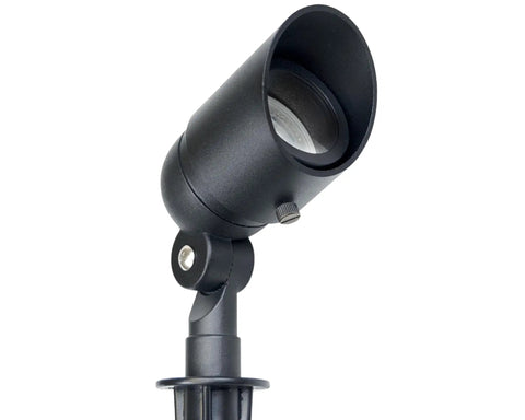 Close-up of 4W Low Voltage Landscape Lights 12V Outdoor Spotlight Set With 160 Degree Adjustable Knuckle Waterproof Black 2 Pack Easy Install Replaceable LED Bulbs For Garden Lawn Porch Patio And Yard showing adjustable knuckle.