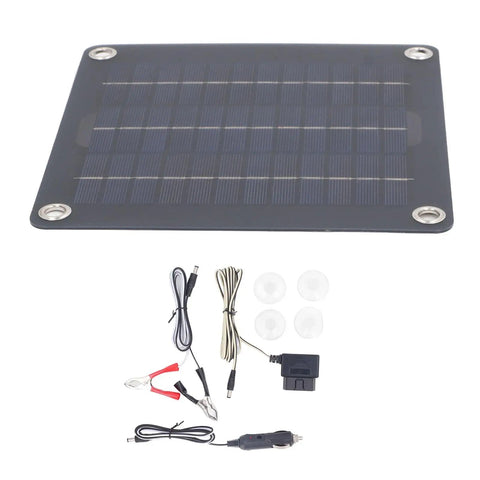 10W Monocrystalline Solar Panel Battery Charger Kit With OBD Charger And Battery Clips For Cars, Motorcycles, Boats, And RVs