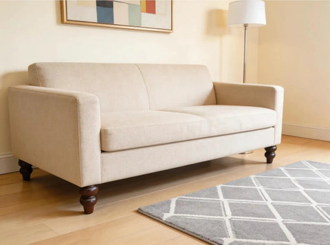 Six Inch Round Wood Sofa Legs Espresso Eucalyptus Finish Replacement Feet Set Of Four On Beige Sofa In Living Room