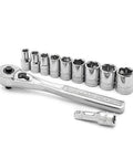 11 Piece Metric Socket Wrench Set With One Quarter Inch Drive Ratchet And One And A Half Inch Extension, Six Point Sockets In Sizes Five Through Eleven Mm