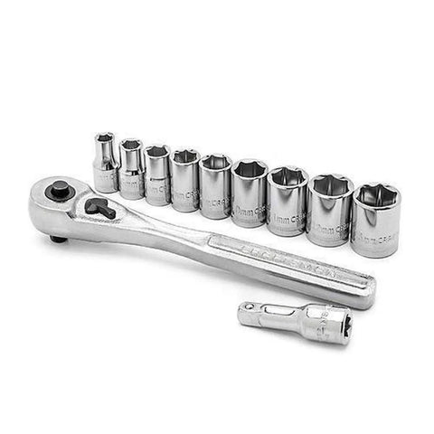 11 Piece Metric Socket Wrench Set With One Quarter Inch Drive Ratchet And One And A Half Inch Extension, Six Point Sockets In Sizes Five Through Eleven Mm