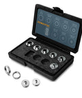 Router Guide Set With Eight Precision Template Bushings, Two Locknuts, And Storage Case displayed open with components visible