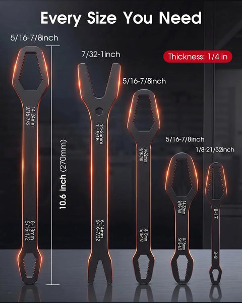 5 Piece Universal Do It All Self Adjusting Wrench Set With Self Locking Double End Torx Wrenches For Auto Repair Home Outdoor Riding One Eighth To One Inch Nut Sizes Durable Chrome Vanadium Steel, size chart shown