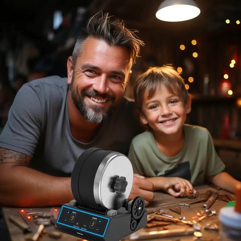 Father and son smiling near Pro Grade Rock Tumbler Kit With 3.5Lb Capacity, digital timer visible, lit workshop background.