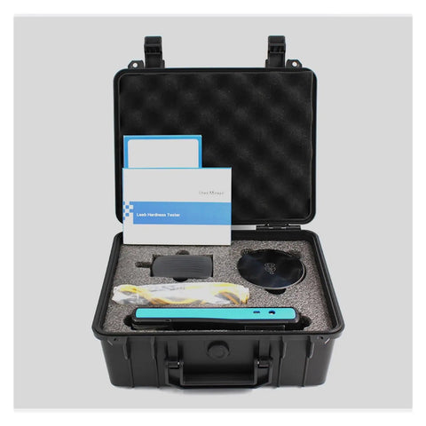 Heavy Duty Portable Digital Metal Hardness Tester With Dual Wireless And Cable Probes Software Included Crisp Lcd Display in a protective case.