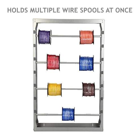 Wall Mounted Wire Spool Rack With Four Adjustable Rods, Heavy Duty Cold Rolled Steel Cable Dispenser, holding colorful spools