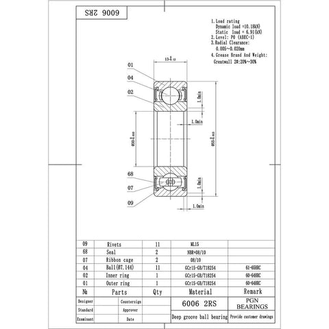 Technical drawing of Heavy Duty Sealed Ball Bearing 6006 2RS 30x55x13mm with dimensions and specifications.