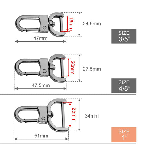 6 Pack Super Slick 1 Inch Detachable Snap Hooks With Swivel Clasp And Screwdriver Heavy Duty Build Zero Sewing Required For Purse Straps Keychain Fix And Dog Leashes In Classic Black dimensions and sizes displayed for 3/5, 4/5, and 1 inch hooks