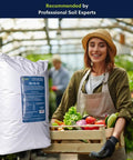 10-10-10 Lawn And Garden Granular Fertilizer With Micronutrients For Soil Health, Blooms And Roots, Safe For Veggies, Fruits, And Lawns, 50 Pound Bag For Year Round Growth displayed next to a happy gardener with fresh produce in a greenhouse.