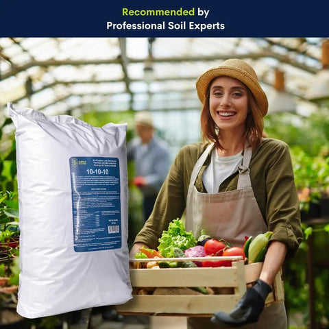 10-10-10 Lawn And Garden Granular Fertilizer With Micronutrients For Soil Health, Blooms And Roots, Safe For Veggies, Fruits, And Lawns, 50 Pound Bag For Year Round Growth displayed next to a happy gardener with fresh produce in a greenhouse.