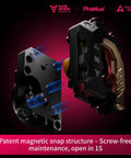 DXC2 Magnetic Extruder Upgrade For Creality K2 Series 3D Printers, displaying a patent magnetic snap structure for easy maintenance.