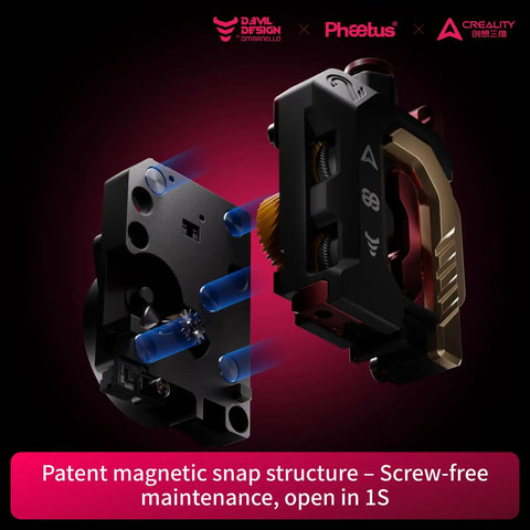 DXC2 Magnetic Extruder Upgrade For Creality K2 Series 3D Printers, displaying a patent magnetic snap structure for easy maintenance.