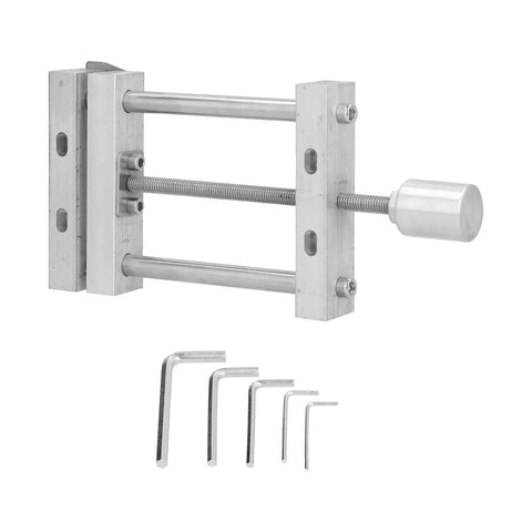 Compact Aluminum Alloy Bench Vise With Drill Press Mount For Woodworking And Engraving Features Ninety Millimeter Jaw Opening and included hex keys.