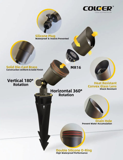 Brass Landscape Spotlights 6 Pack For Outdoor Uplights With 5W MR16 LED 2700K Warm Glow 450 Lumens spotlight features breakdown