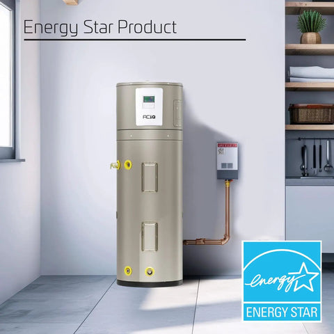Heavy Duty 50 Gallon Electric Hybrid Heat Pump Water Heater For Residential Basements And Garages in modern setting with Energy Star certification.