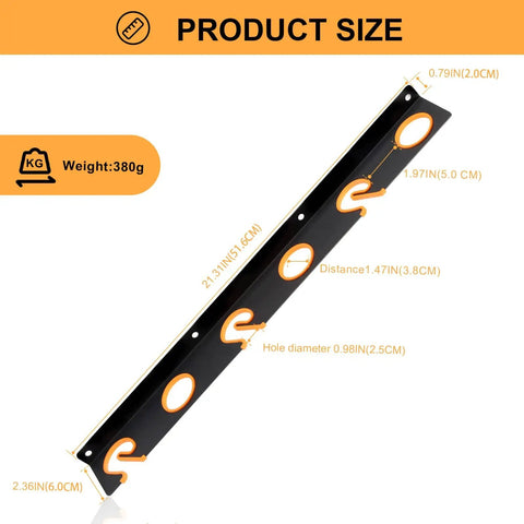 Diagram showing dimensions of Heavy Duty Steel Fishing Rod Rack And Holder For Wall Or Ceiling Mounts, Holds Up To Six Fishing Rods