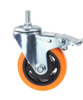 Front view of heavy-duty swivel caster with 3-inch orange PVC wheel and threaded stem