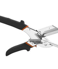 Multi-angle miter shear cutter set adjustable 45 to 135 degrees with aluminum handle, shown with blades open for cutting.