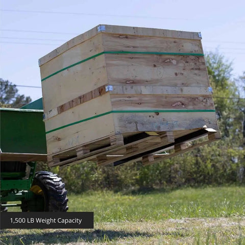 Light Duty Clamp On Pallet Forks, 43 Inch Overall Length, lifts wooden crate on tractor loader, 1,500 Pound Capacity