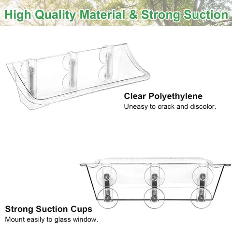 Side view of window mounted bird bath with three extra twin suction cups, clear glass bird feeder bath for outside viewing