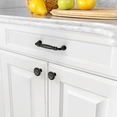 Slick 4 Inch Oil Rubbed Bronze Kitchen Cabinet Handles with Heft Smooth Pulls for Cabinets and Drawers Dark Satin Finish Easy Install Hardware That Makes Your Kitchen Look Sharp as a Pin 10 Pack on white kitchen cabinets.