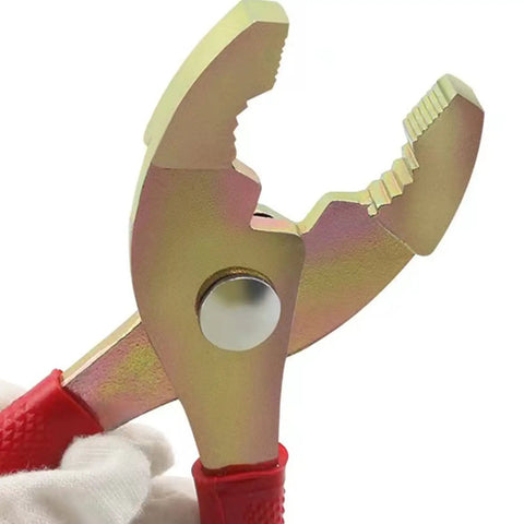 Close-up of pliers from 7 Piece Motorcycle Maintenance Tools Kit With Open End Wrenches 8-10mm 12-14mm 14-17mm, Screwdriver, Spark Plug Sleeve 16-18mm, Pliers, And Carrying Cloth Bag For Ride Ready Garage Grade Bike Repair