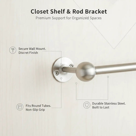 Sturdy Stainless Steel Closet Shelf And Rod Bracket Mount for Round Tubes with secure wall flange and durable finish shown