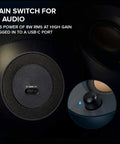Pebble V2 2 Channel USB Computer Speakers Black Deliver Dope Stereo Sound For Your Desk With Plug And Play USB Audio Compact Modern Design Great For PC And Laptop Use Clear Voices And Punchy Bass For Work Gaming And Media image showing built-in gain switch and USB-C port