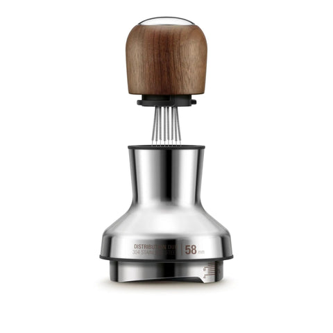 Pro 58 Mm Espresso Powder Distributor With Tough Walnut Handle And Stainless Steel Tines, 58mm size for coffee preparation.